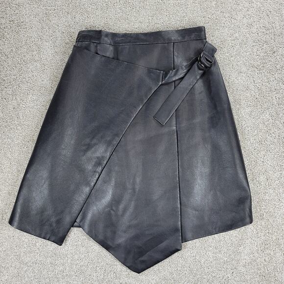 BCBGMaxazria Yulissa Skirt Womens XXS Black Faux Leather Buckle Wrap Back Zipper
